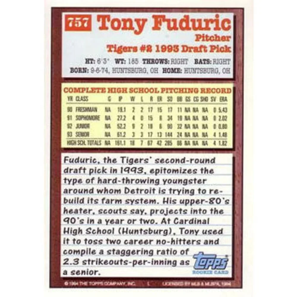 1994 Topps Tony Fuduric DPK, RC # 757 Detroit Tigers